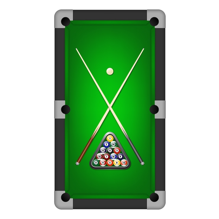Vector bolas de billar, triángulo y dos tacos en una mesa de billar.