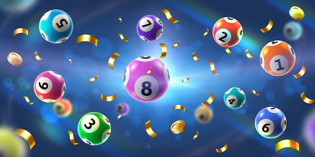 Bolas de bingo salpicaduras de fondo bola de juego de lotería flotante monedas de oro y confeti suerte juego ganador celebración ilustración vectorial