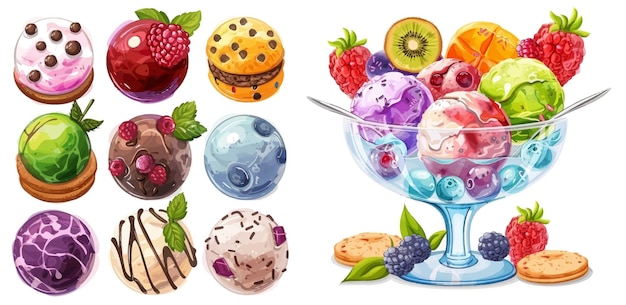 Vector bolas de colores con diferentes sabores galletas y frutas