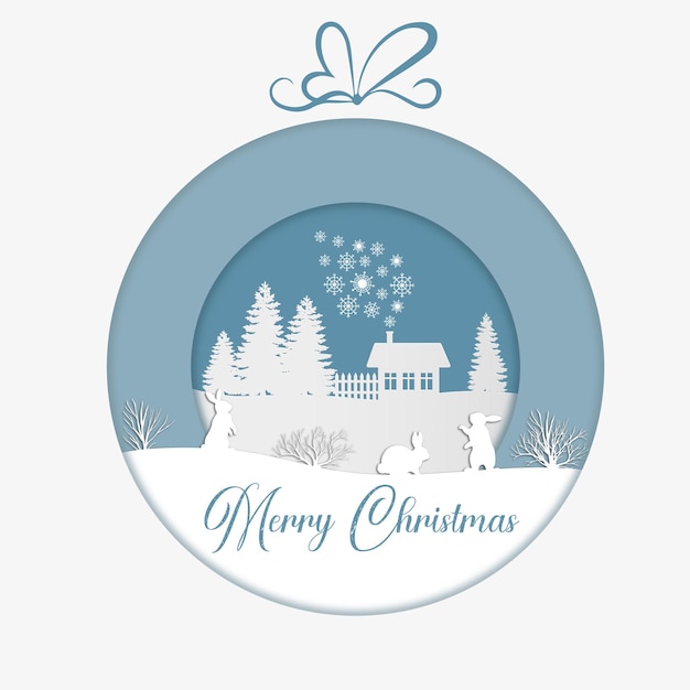 Bolas de conejito de navidad y pueblo de invierno sobre fondo azul en estilo de corte de papel