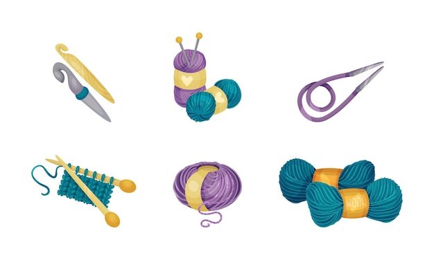Bolas de cuero o lana y aguja de tejer o alfiler de tejer como conjunto vectorial de tejer