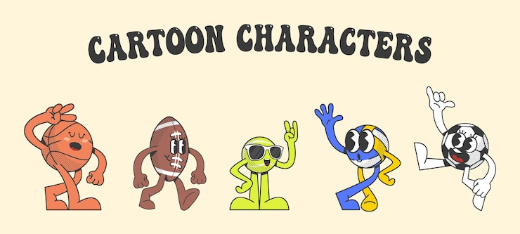Vector bolas de dibujos animados retro en estilo moderno, personaje de mascota, ilustración vectorial