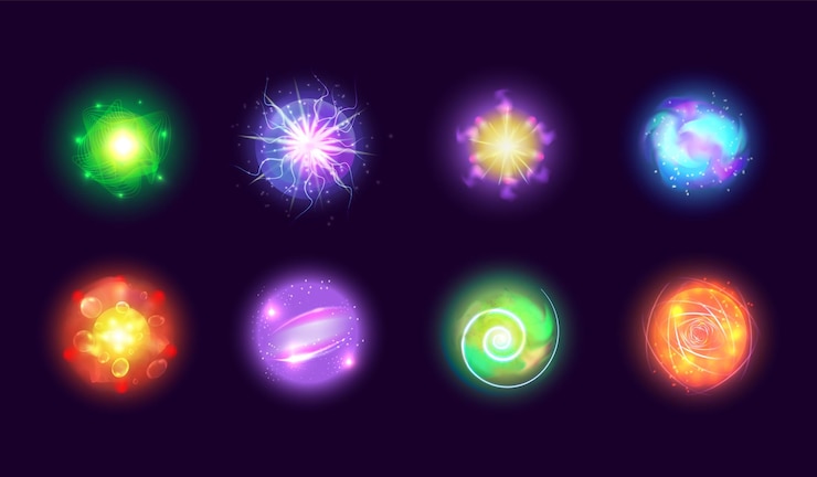 Vector bolas de energía brillante 3d efecto de explosión de bola eléctrica esferas mágicas descarga trueno potencia color flash cristal plasma chispa fantasía místico orbe relámpago fotón vector ilustración