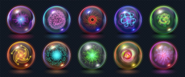 Bolas de energía mágica realistas con efectos de fuego, luces y rayos. Orbe de poder brillante con explosión de plasma. Conjunto de vector de esfera de cristal de fantasía. Elemento espiritual místico para clarividente.