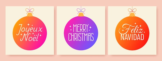 Las bolas de gradiente de Navidad con saludos Feliz Navidad alegre joyeux noel feliz navidad
