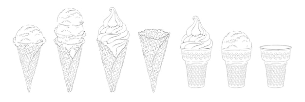 Vector bolas de helado en conos de waffle con bolas variadas de vainilla, cítricos, fresa, menta, chocolate, ilustración de línea realista vectorial