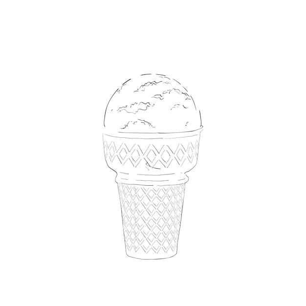 Vector bolas de helado en conos de waffle con bolas variadas de vainilla, cítricos, fresa, menta, chocolate, ilustración de línea realista vectorial