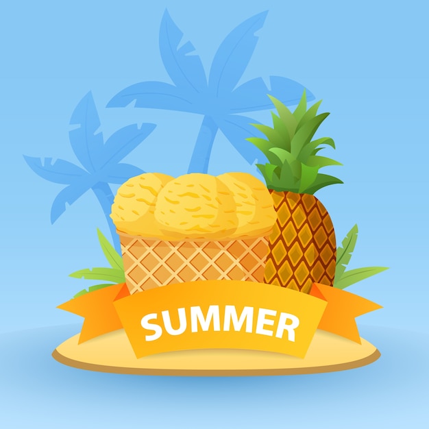 Vector bolas de helado de piña de frutas tropicales. concepto de verano con isla tropical y palmeras.