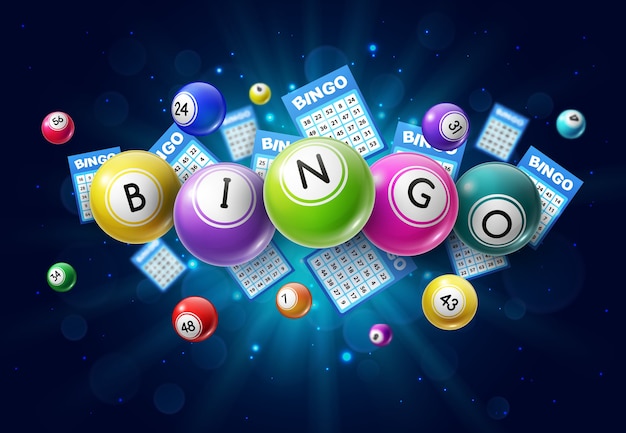 Bolas de juego de lotería de bingo y cartones de lotería con números de la suerte