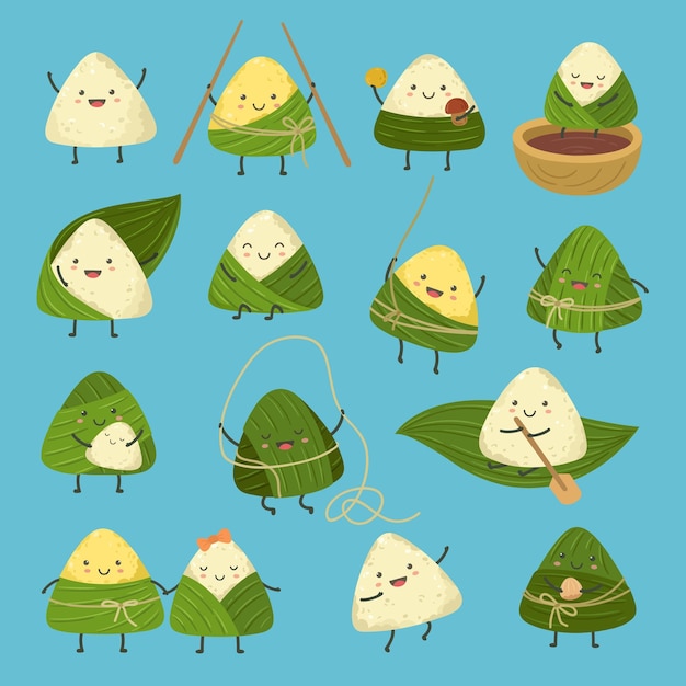 Bolas de masa hervida de dibujos animados dragon boat festival lindas pegatinas de bolas de masa hervida de arroz cómic asiático comida de verano zongzi adorable vacaciones chinas caracteres vectoriales exactos