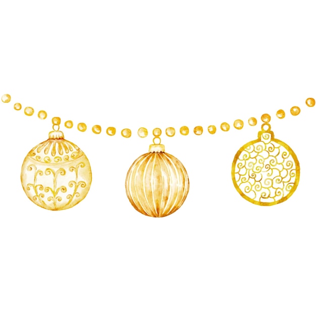 Bolas de Navidad de acuarela dorada, guirnaldas, adornos navideños, juguetes para el árbol de Navidad.