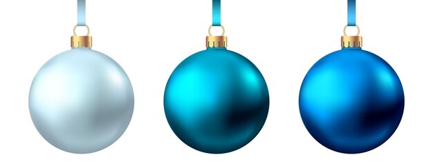 Bolas de Navidad azul, plata realistas aisladas sobre fondo blanco. Decoración del árbol de Navidad del vector.