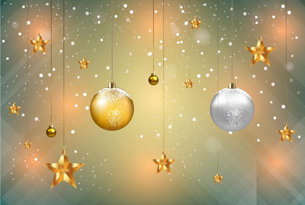 bolas de Navidad colgando de una cuerda con nieve y estrellas