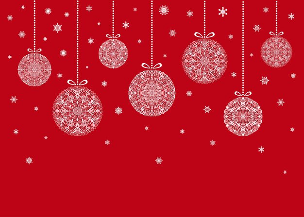 Bolas de Navidad colgando sobre fondo rojo Elementos de diseño decorativo de Mandala Cayendo copos de nieve y abalorios Intrincado florecer Tarjeta de feliz año nuevo