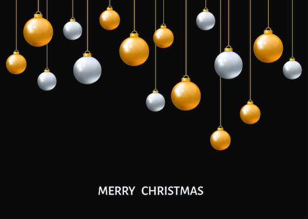 Bolas de Navidad colgantes de plata y oro aisladas sobre fondo negro. Adornos navideños realistas. Decoraciones de vacaciones de vector.