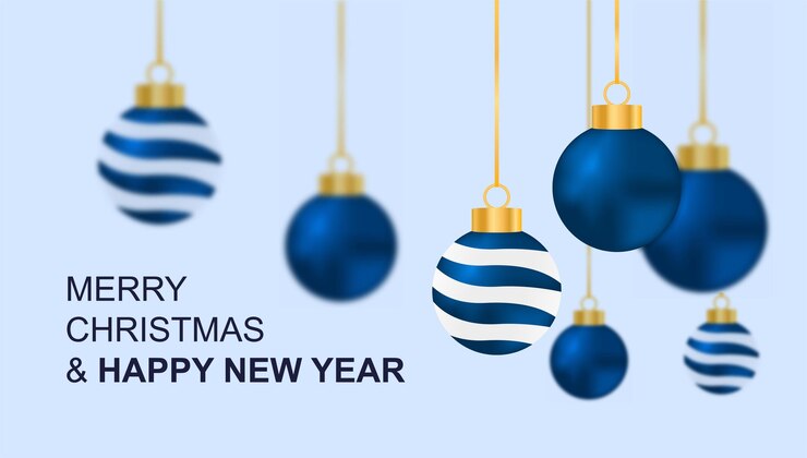 Vector bolas de navidad coloridas colgando con efecto de desenfoque de movimiento feliz año nuevo y feliz tarjeta postal de navidad