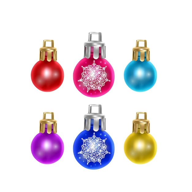 Bolas de Navidad coloridas sobre fondo blanco, adornos navideños vectoriales
