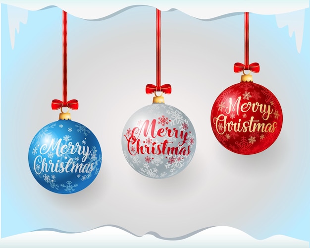 Bolas de Navidad de cristal con patrón de copo de nieve, saludos de feliz Navidad y lazos rojos en cintas rojas
