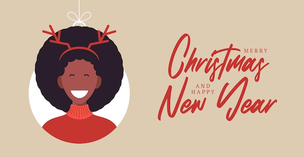 Bolas de Navidad con cuernos de sombrero de ciervo de mujer de carácter de persona linda. Feliz navidad y próspero año nuevo tarjeta de felicitación banner conjunto de vacaciones de invierno de dibujos animados