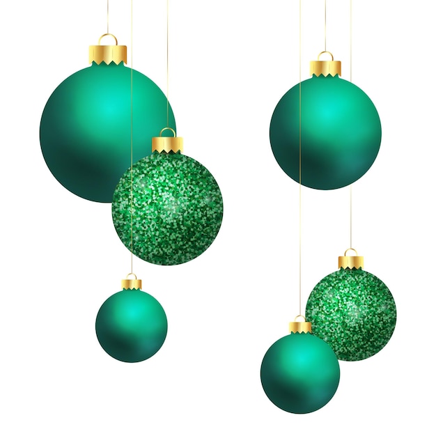 Vector bolas de navidad decorativas de color verde brillante y satinado - diseño de tarjeta de felicitación realista de feliz navidad