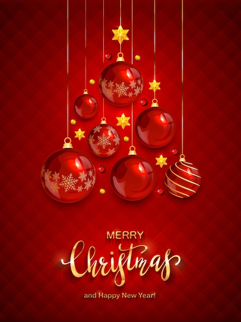 Bolas de Navidad y estrellas brillantes sobre fondo rojo. La ilustración con letras doradas Feliz Navidad se puede utilizar para el diseño de vacaciones, tarjetas, invitaciones, carteles, postales y pancartas.