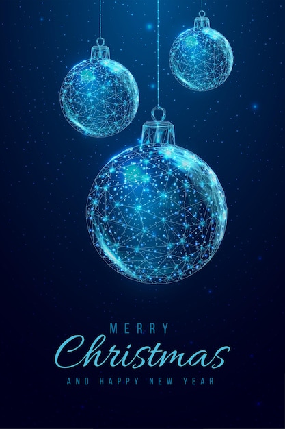 Bolas de Navidad de estructura metálica, estilo low poly. Banner de feliz Navidad y año nuevo.
