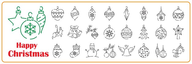 Bolas de Navidad Feliz Año Nuevo línea icono bolas vectoriales decoración de vacaciones Conjunto de juguetes Juguetes de invierno