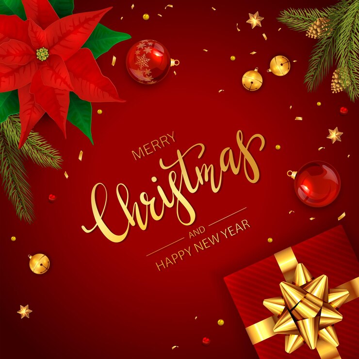 Vector bolas de navidad, flor de pascua roja, regalo de vacaciones con lazo dorado, ramas de abeto con piñas y campanas de navidad sobre fondo rojo. ilustración para diseño de vacaciones, tarjetas, pancartas, plantillas.