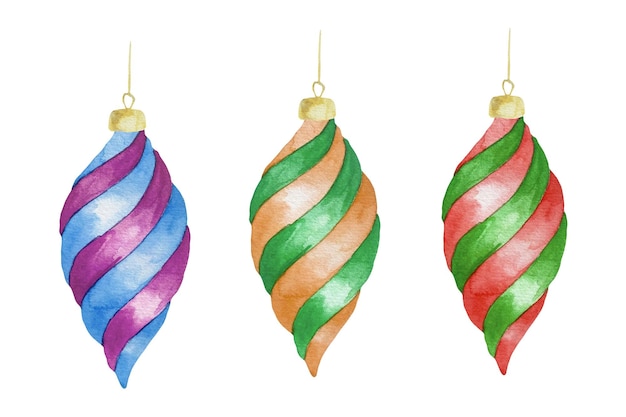 Bolas de Navidad giratorias de colores acuarela para un árbol de Navidad con decoración dorada