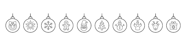 Las bolas de Navidad las iconas de la línea se establecen las bolas de Xmas con el árbol Santa copo de nieve hombre de nieve estrella ciervo ilustración vectorial