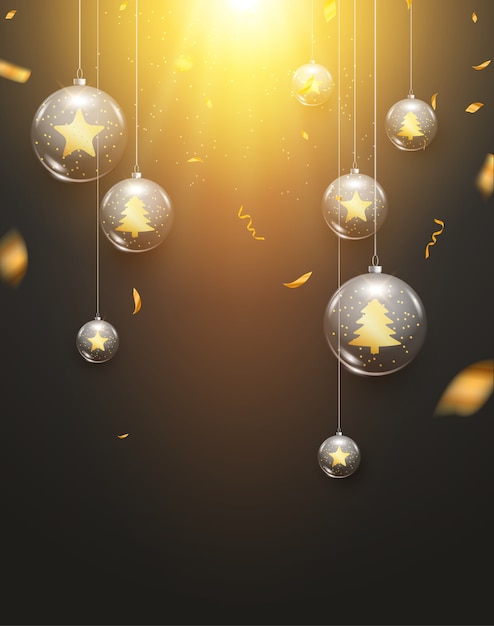 Bolas de Navidad de lujo fondo claro decoración tarjeta de felicitación de vacaciones. Fondo de decoración de bolas de Navidad de vidrio con confeti.