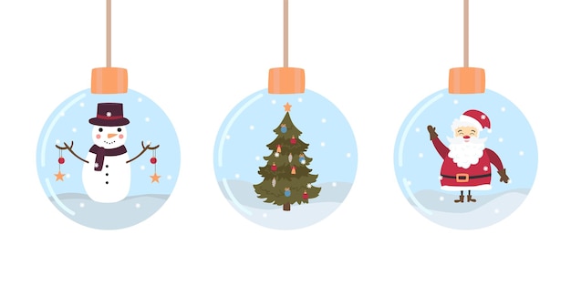 Bolas de Navidad con un muñeco de nieve, un árbol de Navidad y Santa Claus. Ilustración de vector plano en estilo doodle.