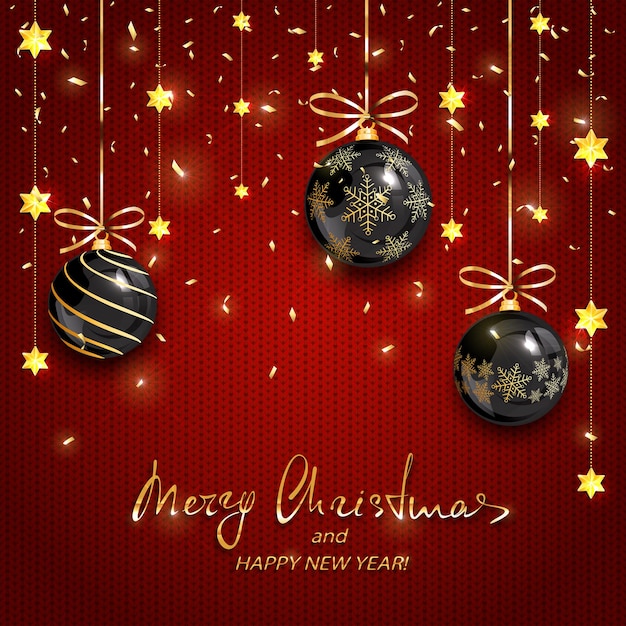 Bolas de Navidad negras con estrellas doradas y confeti sobre fondo rojo tejido. Letras de vacaciones feliz Navidad y próspero año nuevo, ilustración.