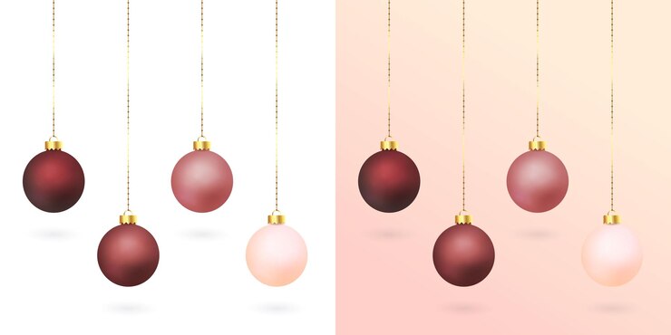 Vector bolas de navidad de oro rosa colgando de una cuerda metálica aislada en un fondo transparente y degradado