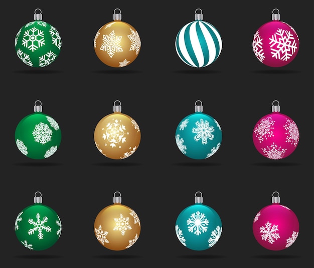Las bolas de Navidad con patrones de copos de nieve sobre un fondo negro