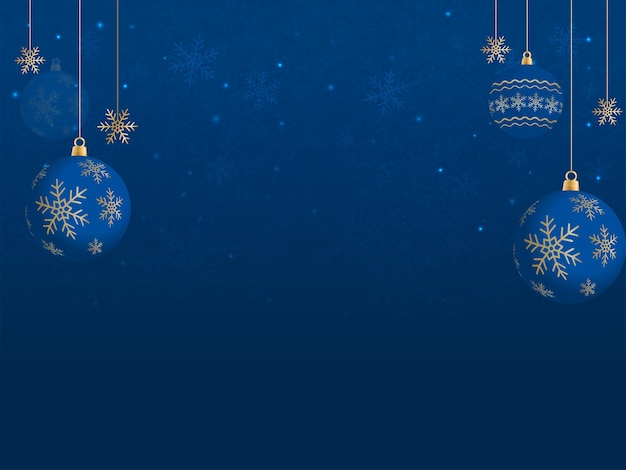 Vector bolas de navidad realistas y copos de nieve decorados sobre fondo de efecto de luces azules.