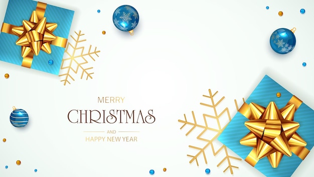 Bolas de navidad, regalos azules con lazo dorado, copos de nieve y perlas sobre fondo blanco. la ilustración se puede utilizar para diseño navideño, carteles, tarjetas navideñas, sitios web, encabezados, postales y pancartas.