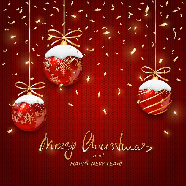 Bolas de Navidad rojas con nieve y confeti dorado sobre fondo de vacaciones de punto. Letras de oro feliz Navidad y próspero año nuevo, ilustración.
