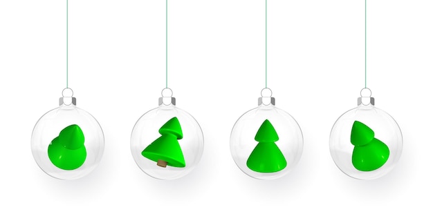 Bolas de navidad transparentes con cajas de regalo y árboles de navidad en el interior. bola de cristal de navidad. plantilla de decoración de vacaciones. ilustración vectorial.