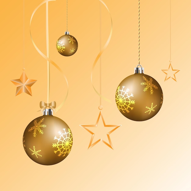 Bolas de Navidad de vector realista dorado y estrella brillante colgando de la cinta para decoración de Navidad y año nuevo. - ilustración vectorial.
