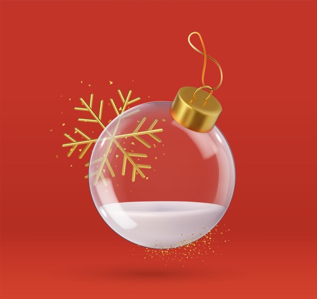 Bolas de Navidad de vidrio 3D realistas decoración de Navidad 3D esfera de cristal transparente con brillos de confeti dorados ilustración vectorial 3D