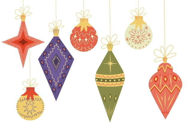 Bolas de Navidad vintage retro aislado sobre fondo blanco Un conjunto de juguetes para un árbol de Navidad