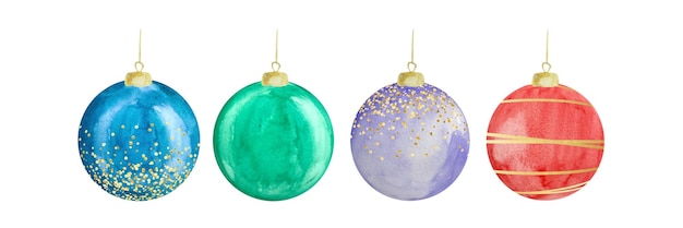 Bolas navideñas de colores acuarela para un árbol de Navidad con decoración dorada