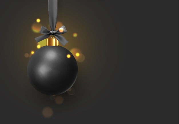 Las bolas negras de Navidad cuelgan de una cinta con un lazo. Adorno de Navidad con efecto bokeh de desenfoque de luz realista.