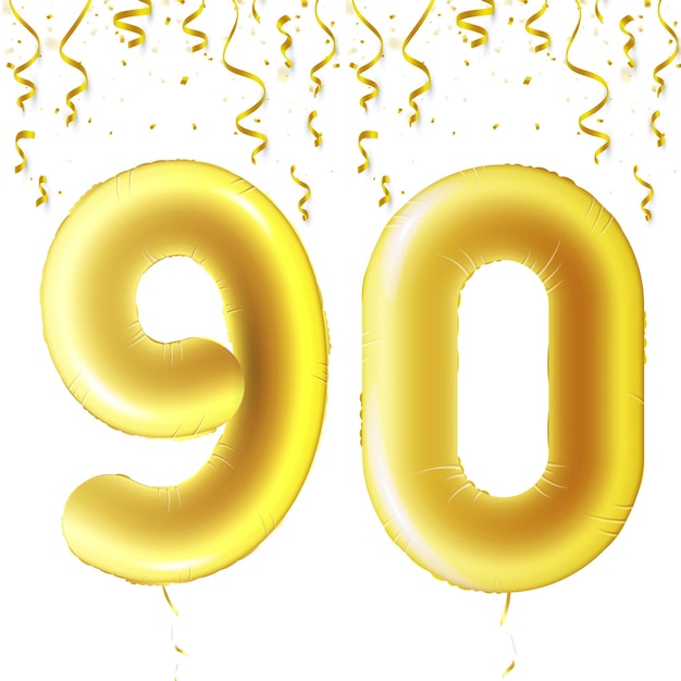 Bolas de oro inflables con confeti que cae y cintas colgantes Símbolo de los noventa años 90 Logotipo de ilustración vectorial o póster para la celebración del noventa cumpleaños