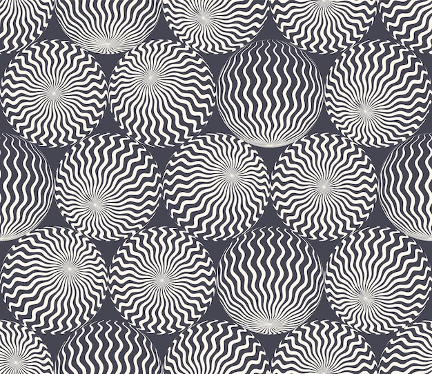 Bolas de patrón de rayas onduladas en diferentes posiciones Fondo de vector abstracto sin fisuras de arte psicodélico. Fondo de Pantalla de Freaky Acid Trip Crazy Continuous. Esferas Con Textura De Líneas Curvas Ilustración Extraña