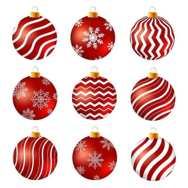 Bolas rojas y blancas de la navidad en la superficie blanca. conjunto de decoraciones realistas aisladas. ilustración vectorial