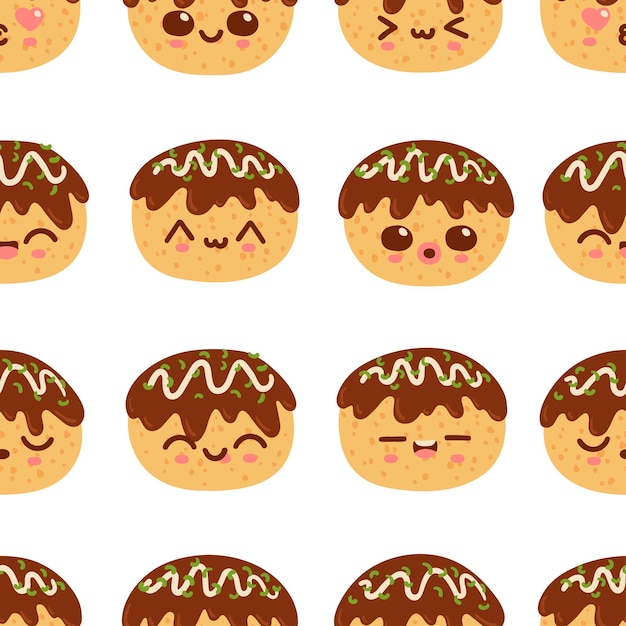 Bolas de takoyaki o bolas de pulpo patrón sin costuras de vector de comida asiática linda textura de bocadillo japonés