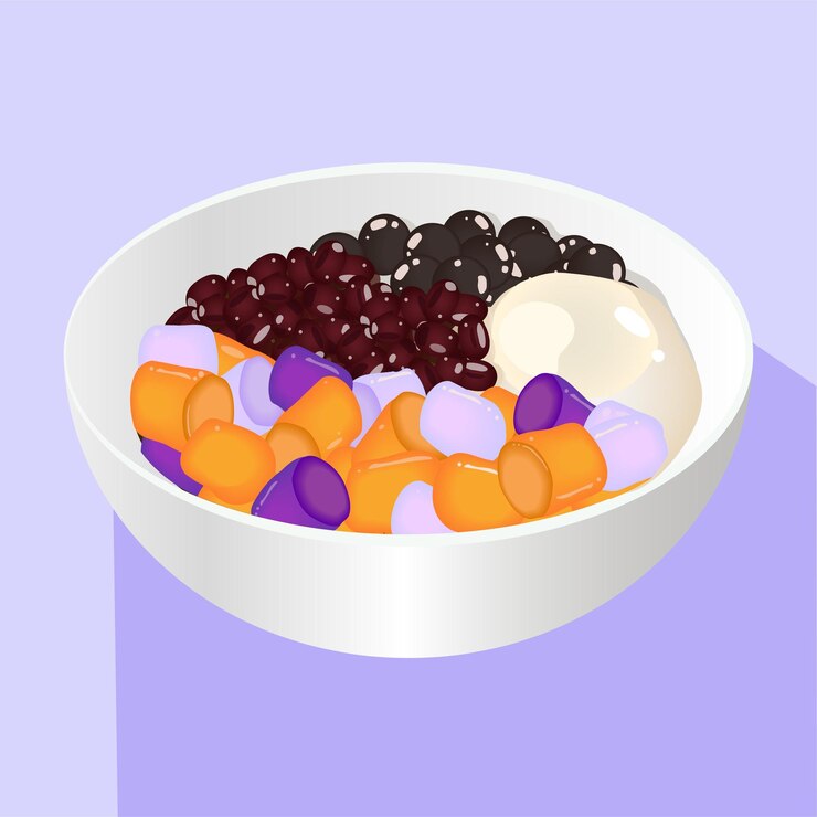 Bolas de taro y frijoles rojos con sopa dulce en un tazón blanco