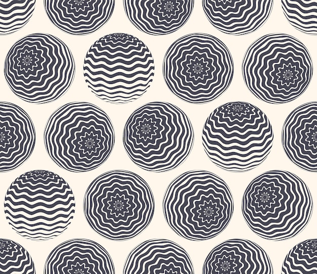 Bolas con tiras onduladas Fondo abstracto de vector moderno de patrones sin fisuras. Papel tapiz geométrico repetido de esferas con dibujos lineales. Extravagante, extraño, continuo, abstracción, arte retro, ilustración
